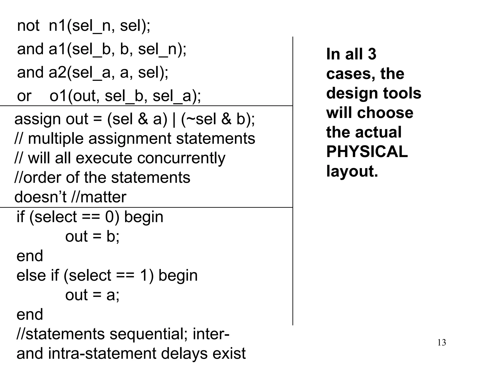 13
not n1(sel_n, sel);
and a1(sel_b, b, sel_n);
and a2(sel_a, a, sel);
or o1(out, sel_b, sel_a);
assign out = (sel & a) | (~sel & b);
// multiple assignment statements
// will all execute concurrently
//order of the statements
doesn’t //matter
if (select == 0) begin
out = b;
end
else if (select == 1) begin
out = a;
end
//statements sequential; inter-
and intra-statement delays exist
In all 3
cases, the
design tools
will choose
the actual
PHYSICAL
layout.
 
