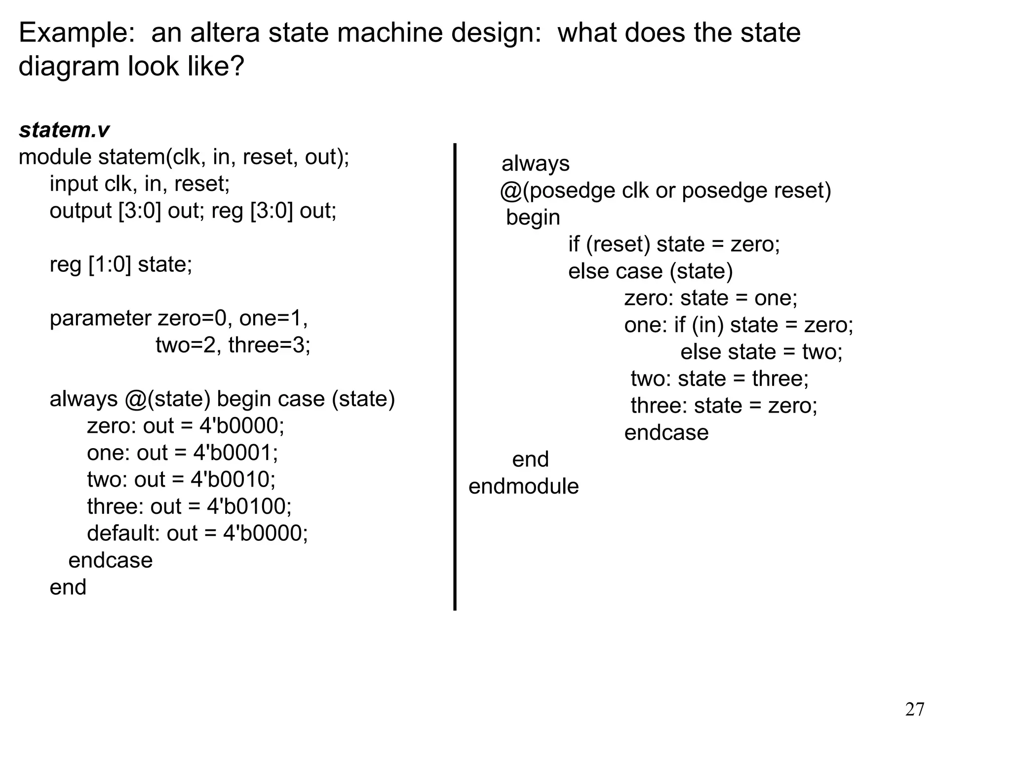 27
Example: an altera state machine design: what does the state
diagram look like?
statem.v
module statem(clk, in, reset, out);
input clk, in, reset;
output [3:0] out; reg [3:0] out;
reg [1:0] state;
parameter zero=0, one=1,
two=2, three=3;
always @(state) begin case (state)
zero: out = 4'b0000;
one: out = 4'b0001;
two: out = 4'b0010;
three: out = 4'b0100;
default: out = 4'b0000;
endcase
end
always
@(posedge clk or posedge reset)
begin
if (reset) state = zero;
else case (state)
zero: state = one;
one: if (in) state = zero;
else state = two;
two: state = three;
three: state = zero;
endcase
end
endmodule
 