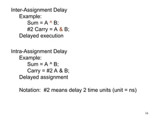 16
Inter-Assignment Delay
Example:
Sum = A ^ B;
#2 Carry = A & B;
Delayed execution
Intra-Assignment Delay
Example:
Sum = A ^ B;
Carry = #2 A & B;
Delayed assignment
Notation: #2 means delay 2 time units (unit = ns)
 
