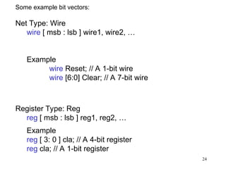24
Some example bit vectors:
Net Type: Wire
wire [ msb : lsb ] wire1, wire2, …
Example
wire Reset; // A 1-bit wire
wire [6:0] Clear; // A 7-bit wire
Register Type: Reg
reg [ msb : lsb ] reg1, reg2, …
Example
reg [ 3: 0 ] cla; // A 4-bit register
reg cla; // A 1-bit register
 