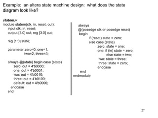 27
Example: an altera state machine design: what does the state
diagram look like?
statem.v
module statem(clk, in, reset, out);
input clk, in, reset;
output [3:0] out; reg [3:0] out;
reg [1:0] state;
parameter zero=0, one=1,
two=2, three=3;
always @(state) begin case (state)
zero: out = 4'b0000;
one: out = 4'b0001;
two: out = 4'b0010;
three: out = 4'b0100;
default: out = 4'b0000;
endcase
end
always
@(posedge clk or posedge reset)
begin
if (reset) state = zero;
else case (state)
zero: state = one;
one: if (in) state = zero;
else state = two;
two: state = three;
three: state = zero;
endcase
end
endmodule
 