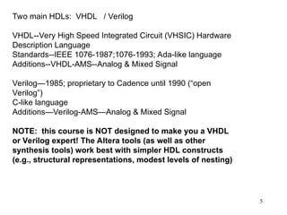 5
Two main HDLs: VHDL / Verilog
VHDL--Very High Speed Integrated Circuit (VHSIC) Hardware
Description Language
Standards--IEEE 1076-1987;1076-1993; Ada-like language
Additions--VHDL-AMS--Analog & Mixed Signal
Verilog—1985; proprietary to Cadence until 1990 (“open
Verilog”)
C-like language
Additions—Verilog-AMS—Analog & Mixed Signal
NOTE: this course is NOT designed to make you a VHDL
or Verilog expert! The Altera tools (as well as other
synthesis tools) work best with simpler HDL constructs
(e.g., structural representations, modest levels of nesting)
 