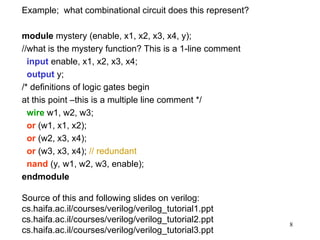 8
Example; what combinational circuit does this represent?
module mystery (enable, x1, x2, x3, x4, y);
//what is the mystery function? This is a 1-line comment
input enable, x1, x2, x3, x4;
output y;
/* definitions of logic gates begin
at this point –this is a multiple line comment */
wire w1, w2, w3;
or (w1, x1, x2);
or (w2, x3, x4);
or (w3, x3, x4); // redundant
nand (y, w1, w2, w3, enable);
endmodule
Source of this and following slides on verilog:
cs.haifa.ac.il/courses/verilog/verilog_tutorial1.ppt
cs.haifa.ac.il/courses/verilog/verilog_tutorial2.ppt
cs.haifa.ac.il/courses/verilog/verilog_tutorial3.ppt
 