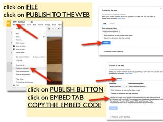 click on FILE
click on PUBLISH TO THE WEB
click on PUBLISH BUTTON
click on EMBED TAB
COPY THE EMBED CODE
 