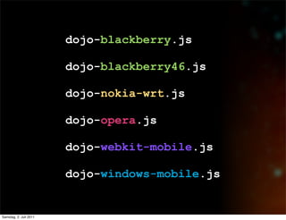 dojo-blackberry.js

                        dojo-blackberry46.js

                        dojo-nokia-wrt.js

                        dojo-opera.js

                        dojo-webkit-mobile.js

                        dojo-windows-mobile.js


Samstag, 2. Juli 2011
 