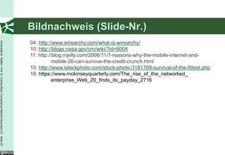 Bildnachweis (Slide-Nr.)
Universität St. Gallen, Prof. Dr. Andrea Back, Competence Network Business 2.0 Seite 24




                                                                                          04: http://www.wirearchy.com/what-is-wirearchy/
                                                                                          10: http://blogs.nasa.gov/cm/wiki/?id=6004
                                                                                          11: http://blog.mjelly.com/2008/11/7-reasons-why-the-mobile-internet-and-
                                                                                                     mobile-20-can-survive-the-credit-crunch.html
                                                                                          15: http://www.istockphoto.com/stock-photo-3181769-survival-of-the-fittest.php
                                                                                          18: https://www.mckinseyquarterly.com/The_rise_of_the_networked_
                                                                                                     enterprise_Web_20_finds_its_payday_2716
 