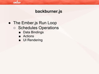 backburner.js
● The Ember.js Run Loop
○ Schedules Operations
■ Data Bindings
■ Actions
■ UI Rendering

 