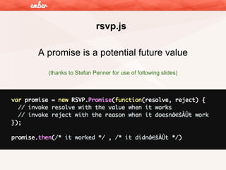 rsvp.js
A promise is a potential future value
(thanks to Stefan Penner for use of following slides)

 