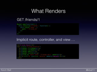 Kevin Ball @kbal11
<h1>Friends Route</h1>
<div class="friend-profile">
<p>{{model.firstName}}</p>
<p>{{model.lastName}}</p>
<p>{{model.email}}</p>
<p>{{model.twitter}}</p>
<p>{{link-to 'Edit info' 'friends.edit' model}}</p>
<p><a href='#' {{action "delete" model}}>Delete</a></p>
</div>
What Renders
Router.map(function() {
this.resource('friends', function() {
this.route('show', {
path: ':friend_id'
});
});
});
GET /friends/1
Implicit route, controller, and view….
 