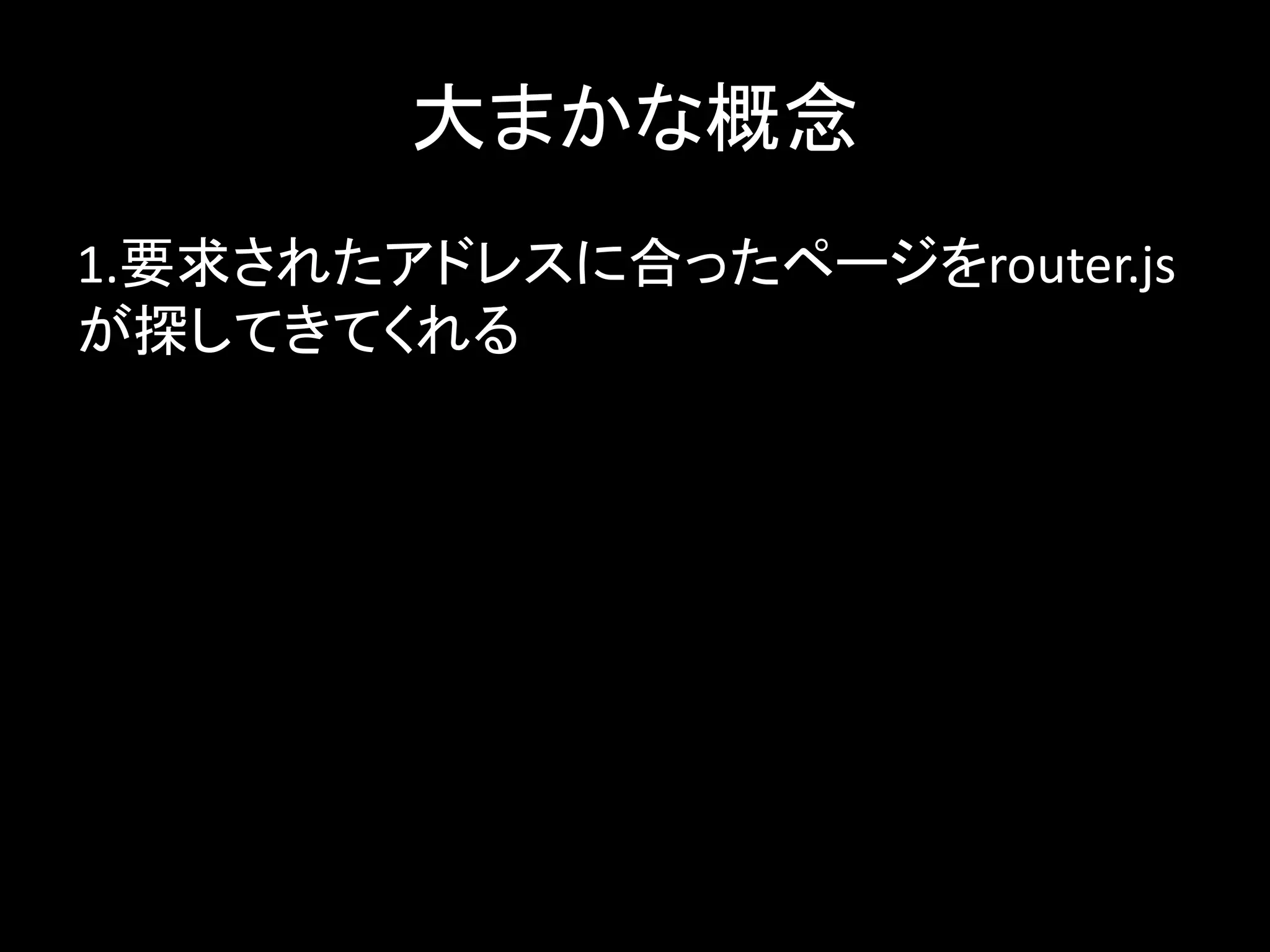 大まかな概念
1.要求されたアドレスに合ったページをrouter.js
が探してきてくれる
 