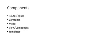 Components
• Router/Route
• Controller
• Model
• View/Component
• Templates
 