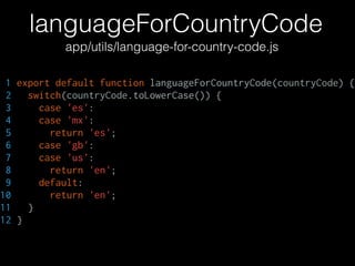 languageForCountryCode
app/utils/language-for-country-code.js
1 export default function languageForCountryCode(countryCode) {
2 switch(countryCode.toLowerCase()) {
3 case 'es':
4 case 'mx':
5 return 'es';
6 case 'gb':
7 case 'us':
8 return 'en';
9 default:
10 return 'en';
11 }
12 }
 