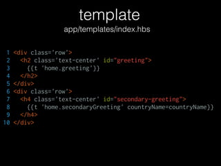 template
app/templates/index.hbs
1 <div class='row'>
2 <h2 class='text-center' id="greeting">
3 {{t 'home.greeting'}}
4 </h2>
5 </div>
6 <div class='row'>
7 <h4 class='text-center' id="secondary-greeting">
8 {{t 'home.secondaryGreeting' countryName=countryName}}
9 </h4>
10 </div>
 