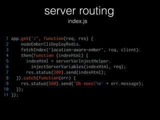server routing
index.js
1 app.get('/', function(req, res) {
2 nodeEmberCliDeployRedis.
3 fetchIndex(‘location-aware-ember’, req, client).
4 then(function (indexHtml) {
5 indexHtml = serverVarInjectHelper.
6 injectServerVariables(indexHtml, req);
7 res.status(200).send(indexHtml);
8 }).catch(function(err) {
9 res.status(500).send('Oh noes!n' + err.message);
10 });
11 });
 