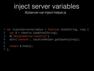 inject server variables
lib/server-var-inject-helper.js
1 var injectServerVariables = function (htmlString, req) {
2 var $ = cheerio.load(htmlString);
3 $('meta[name=var-country]').
4 attr('content', locationHelper.getCountry(req));
5
6 return $.html();
7 };
 