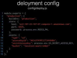 deloyment conﬁg
conﬁg/deploy.js
1 module.exports = {
2 "production": {
3 buildEnv: "production",
4 store: {
5 host: 'ec2-107-22-167-67.compute-1.amazonaws.com',
6 port: 6929,
7 password: process.env.REDIS_PW,
8 },
9 assets: {
10 "type": "s3",
11 "accessKeyId": "AKIAIFM7MT2JTIHV6HBA",
12 "secretAccessKey": process.env.S3_SECRET_ACCESS_KEY,
13 "bucket": "location-aware-ember"
14 }
15 }
16 };
 