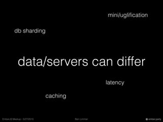 Ben LimmerEmberJS Meetup - 5/27/2015 ember.party
data/servers can differ
db sharding
mini/ugliﬁcation
caching
latency
 