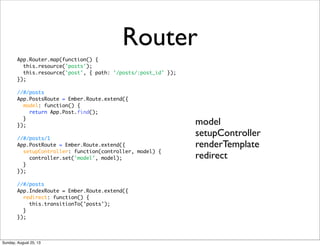 Router
App.Router.map(function() {
this.resource('posts');
this.resource('post', { path: '/posts/:post_id' });
});
//#/posts
App.PostsRoute = Ember.Route.extend({
model: function() {
return App.Post.find();
}
});
//#/posts/1
App.PostRoute = Ember.Route.extend({
setupController: function(controller, model) {
controller.set('model', model);
}
});
//#/posts
App.IndexRoute = Ember.Route.extend({
redirect: function() {
this.transitionTo('posts');
}
});
model
setupController
renderTemplate
redirect
Sunday, August 25, 13
 