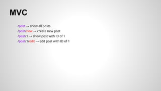 MVC
/post → show all posts
/post/new → create new post
/post/1 → show post with ID of 1
/post/1/edit → edit post with ID of 1
 