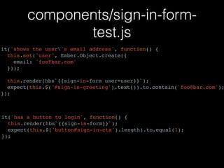 components/sign-in-form-
test.js
it('shows the user's email address', function() {
this.set('user', Ember.Object.create({
...