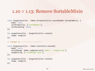 @stacylondoner
1.10 > 1.13: Remove SortableMixin
const SongsController = Ember.ArrayController.extend(Ember.SortableMixin, {
model: null,
sortProperties: ['trackNumber'],
sortAscending: false
});
let songsController = SongsController.create({
songs: songList
});
// changes to ——————————————————————
const SongsController = Ember.Controller.extend({
model: null,
sortedSongs: Ember.computed.sort('model', 'songSorting'),
songSorting: ['trackNumber:desc']
});
let songsController = SongsController.create({
songs: songList
});
31
 