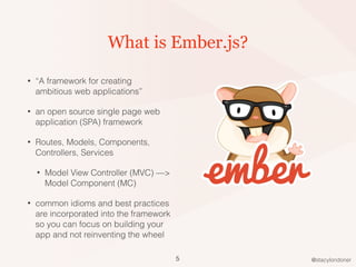 @stacylondoner
What is Ember.js?
• “A framework for creating
ambitious web applications”
• an open source single page web
application (SPA) framework
• Routes, Models, Components,
Controllers, Services
• Model View Controller (MVC) —>
Model Component (MC)
• common idioms and best practices
are incorporated into the framework
so you can focus on building your
app and not reinventing the wheel
5
 