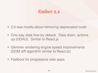 @stacylondoner
Ember 2.x
• 2.0 was mostly about removing deprecated code
• One way data ﬂow by default. Data down, actions...