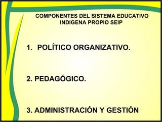 COMPONENTES DEL SISTEMA EDUCATIVO
INDIGENA PROPIO SEIP
1. POLÍTICO ORGANIZATIVO.
2. PEDAGÓGICO.
3. ADMINISTRACIÓN Y GESTIÓN
 
