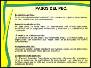 PASOS DEL PEC.
Concertación inicial.
En el cual se inicia con la identificación del contexto, los objetivos, las tensiones,
las responsabilidades y firma de acuerdos.
Apropiación de elementos.
En este paso se debe tener un acercamiento con escuela-comunidad,
elaboración de un diagnóstico comunitario y educativo y la identificación de
prioridades.
Búsqueda de nuevos sentidos.
La territorialidad, el arte propio, el pensamiento propio, la comunitariedad y la
organización son elementos que hacen parte de la búsqueda de nuevos
conocimientos
Autogestión del PEC.
El gobierno escolar, cabildo estudiantil, convivencia escolar, control comunitario
y sistema de evaluación hacen parte de la gestión.
Construcción del currículo.
El Proyecto Educativo Comunitario se concretan elementos tan importantes
como la autonomía, la territorialidad, la comunitaried. se sintetiza en un
currículo propio que es más que la suma de objetivos, contenidos, recursos e
indicadores de logro
 
