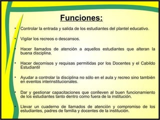 Funciones:
• Controlar la entrada y salida de los estudiantes del plantel educativo.
• Vigilar los recreos o descansos.
• Hacer llamados de atención a aquellos estudiantes que alteran la
buena disciplina.
• Hacer decomisos y requisas permitidas por los Docentes y el Cabildo
Estudiantil
• Ayudar a controlar la disciplina no sólo en el aula y recreo sino también
en eventos interinstitucionales.
• Dar y gestionar capacitaciones que conlleven al buen funcionamiento
de los estudiantes tanto dentro como fuera de la institución.
• Llevar un cuaderno de llamados de atención y compromiso de los
estudiantes, padres de familia y docentes de la institución.
 