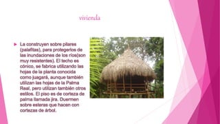vivienda
 La construyen sobre pilares
(palafitas), para protegerlos de
las inundaciones de los ríos(son
muy resistentes). El techo es
cónico, se fabrica utilizando las
hojas de la planta conocida
como juagará, aunque también
utilizan las hojas de la Palma
Real, pero utilizan también otros
estilos. El piso es de corteza de
palma llamada jira. Duermen
sobre esteras que hacen con
cortezas de árbol.
 