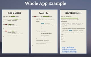 Whole App Example
Todos.TodoController = Ember.ObjectController.extend({
isEditing: false,
bufferedTitle: Ember.computed.oneWay('title'),
actions: {
editTodo: function () {
this.set('isEditing', true);
},
...
},
removeTodo: function () {
var todo = this.get('model');
todo.deleteRecord();
todo.save();
},
saveWhenCompleted: function () {
this.get('model').save();
}.observes('isCompleted')
});
<html>...<ul id="todo-list">
{{#each filteredTodos itemController="todo"}}
<li {{bind-attr class="isCompleted:completed"}}>
{{#if isEditing}}
{{edit-todo class="edit" value=bufferedTitle focus-out="
doneEditing" insert-newline="doneEditing" escape-press="
cancelEditing"}}
{{else}}
{{input type="checkbox" class="toggle" checked=isCompleted}}
<label {{action "editTodo" on="doubleClick"}}>{{title}}
</label>
<button {{action "removeTodo"}} class="destroy"></button>
{{/if}}
</li>
{{/each}}
</ul>
...</html>
App & Model Controller View (Template)
window.Todos = Ember.Application.create();
Todos.ApplicationAdapter = DS.LSAdapter.extend({
namespace: 'todos-emberjs'
});
Todos.Todo = DS.Model.extend({
title: DS.attr('string'),
isCompleted: DS.attr('boolean')
});
Todos.TodosView = Ember.View.extend({
focusInput: function () {
this.$('#new-todo').focus();
}.on('didInsertElement')
});
http://todomvc.
com/architecture-
examples/emberjs/
 