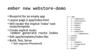 ember new webstore-demo
• Blueprint for an empty app
• Layout page is app/index.html
• Will render the implicit ‘index’ root
route/template
• Create explicit route:
>ember generate route index
• Edit app/templates/index.hbs
• Build, Test, Serve
• Test requires PhantomJS
+---app
| +---components
| +---controllers
| +---helpers
| +---models
| +---routes
| +---styles
| ---templates
| ---components
+---config
+---public
+---tests
| +---helpers
| +---integration
| ---unit
---vendor
 