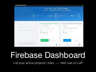 Firebase Dashboard
List your active projects / sites —- Add new on Left
 