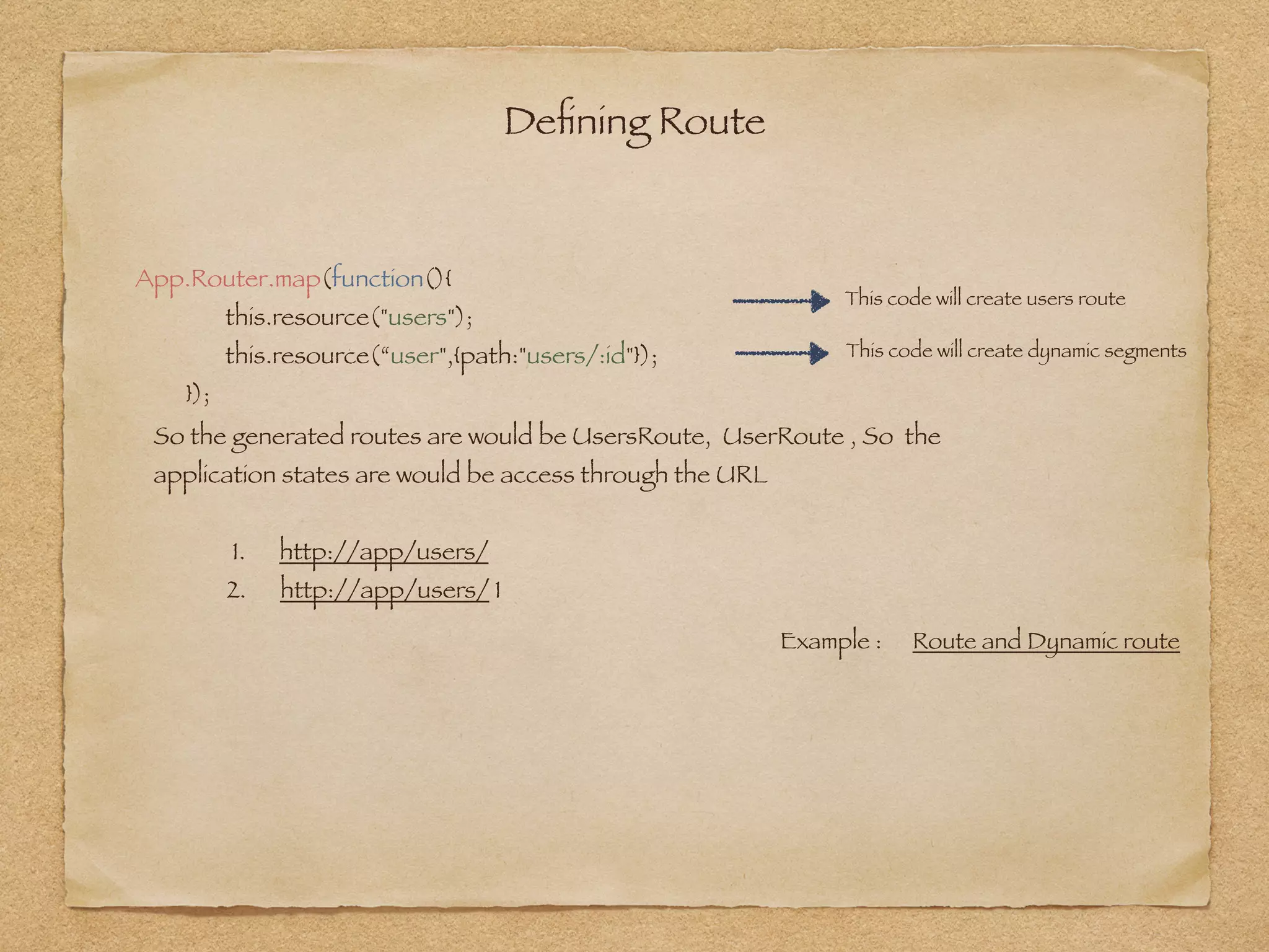 Deﬁning Route
App.Router.map(function(){
this.resource("users");
this.resource(“user",{path:"users/:id"});
});
This code will create users route
This code will create dynamic segments
Example : Route and Dynamic route
So the generated routes are would be UsersRoute, UserRoute , So the
application states are would be access through the URL  
 
1. http://app/users/
2. http://app/users/ 1
 
