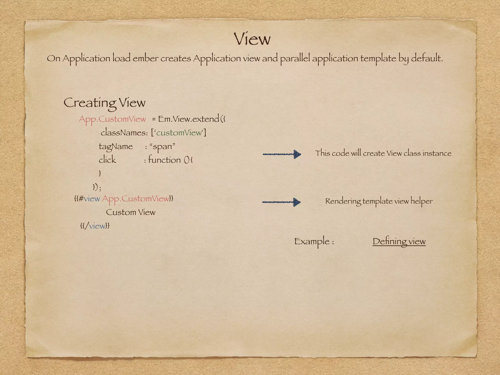 View
On Application load ember creates Application view and parallel application template by default. 
Creating View
App.CustomView = Em.View.extend({
classNames: [‘customView']
tagName : “span”
click 	 : function (){
}
});
This code will create View class instance
{{#view App.CustomView}}
Custom View
{{/view}}
Rendering template view helper
Example : Deﬁning view
 