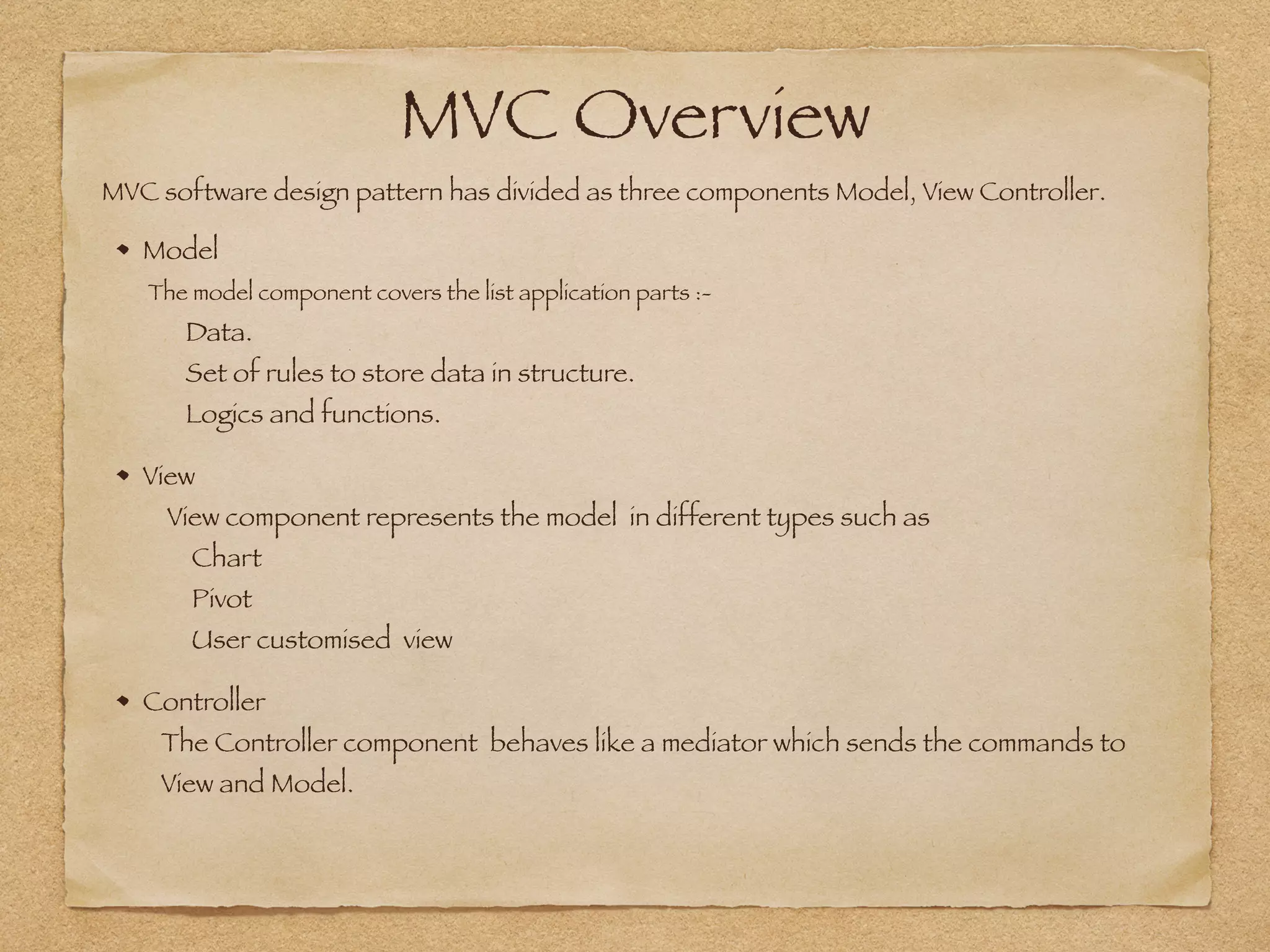 MVC Overview
Model 
The model component covers the list application parts :- 
Data. 
Set of rules to store data in structure.  
Logics and functions.
View 
View component represents the model in different types such as  
Chart  
Pivot  
User customised view
Controller 
The Controller component behaves like a mediator which sends the commands to  
View and Model.
MVC software design pattern has divided as three components Model, View Controller.
 