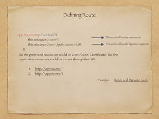 Deﬁning Route
App.Router.map(function(){
this.resource("users");
this.resource(“user",{path:"users/:id"});
});
This code will create users route
This code will create dynamic segments
Example : Route and Dynamic route
So the generated routes are would be UsersRoute, UserRoute , So the
application states are would be access through the URL  
 
1. http://app/users/
2. http://app/users/ 1
 