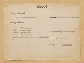 Model
Deﬁning Ember model
App.Info = DS.Model.extend({}); This code will create the model instance
Deﬁning attributes
App.Info = DS.Model.extend({ 
name : DS.attr('string'),
version : DS.attr('number'),
author : DS.attr('string'), 
hasReleased : DS.attr(‘boolean’ , {defaultValue: false}) 
});
Deﬁning data key and It’s type
Setting default
Example : Example model
 