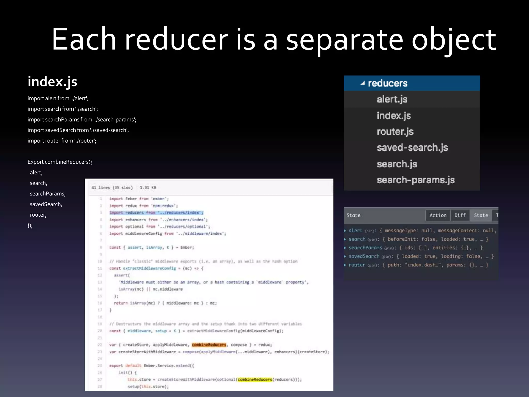 Each reducer is a separate object
index.js
import alert from './alert';
import search from './search';
import searchParams from './search-params';
import savedSearch from './saved-search';
import router from './router';
Export combineReducers({
alert,
search,
searchParams,
savedSearch,
router,
});
 