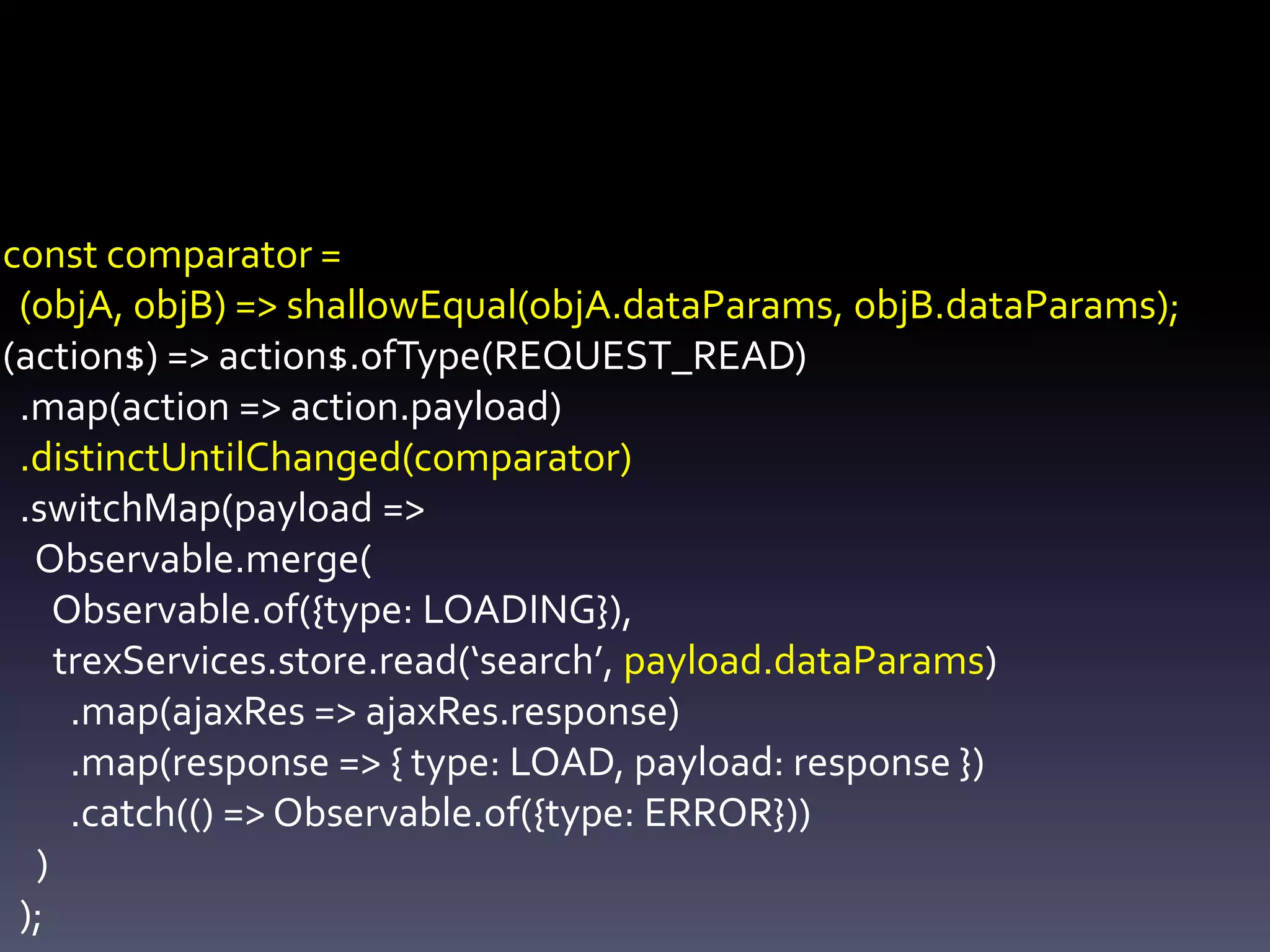 const comparator =
(objA, objB) => shallowEqual(objA.dataParams, objB.dataParams);
(action$) => action$.ofType(REQUEST_READ)
.map(action => action.payload)
.distinctUntilChanged(comparator)
.switchMap(payload =>
Observable.merge(
Observable.of({type: LOADING}),
trexServices.store.read(‘search’, payload.dataParams)
.map(ajaxRes => ajaxRes.response)
.map(response => { type: LOAD, payload: response })
.catch(() => Observable.of({type: ERROR}))
)
);
 
