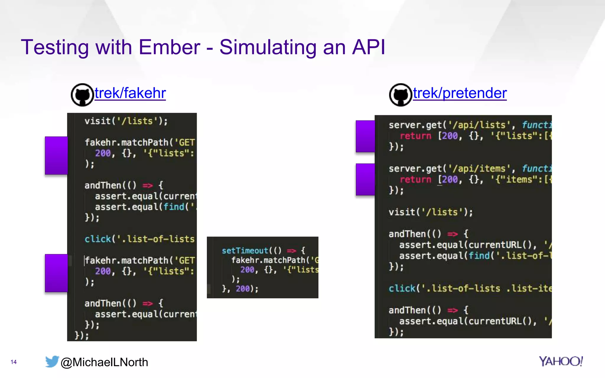 @MichaelLNorth
Testing with Ember - Simulating an API
14
trek/fakehr trek/pretender
 