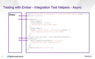 @MichaelLNorth
Steps
Testing with Ember - Integration Test Helpers - Async
12
test('Drilling into a shopping list from the index page', assert => {
visit('/lists');
andThen(() => {
assert.equal(
currentURL(), ‘/lists',
'Should be at the index page’
);
assert.equal(
find('.list-of-lists .list-item').length, 2,
'Two shopping lists are in the index’
);
});
click('.list-of-lists .list-item:nth-child(1)');
andThen(() => {
assert.equal(currentURL(), ‘/list/1’,
'Showing the first shopping list’
);
});
console.log('Hello world!');
});
 
