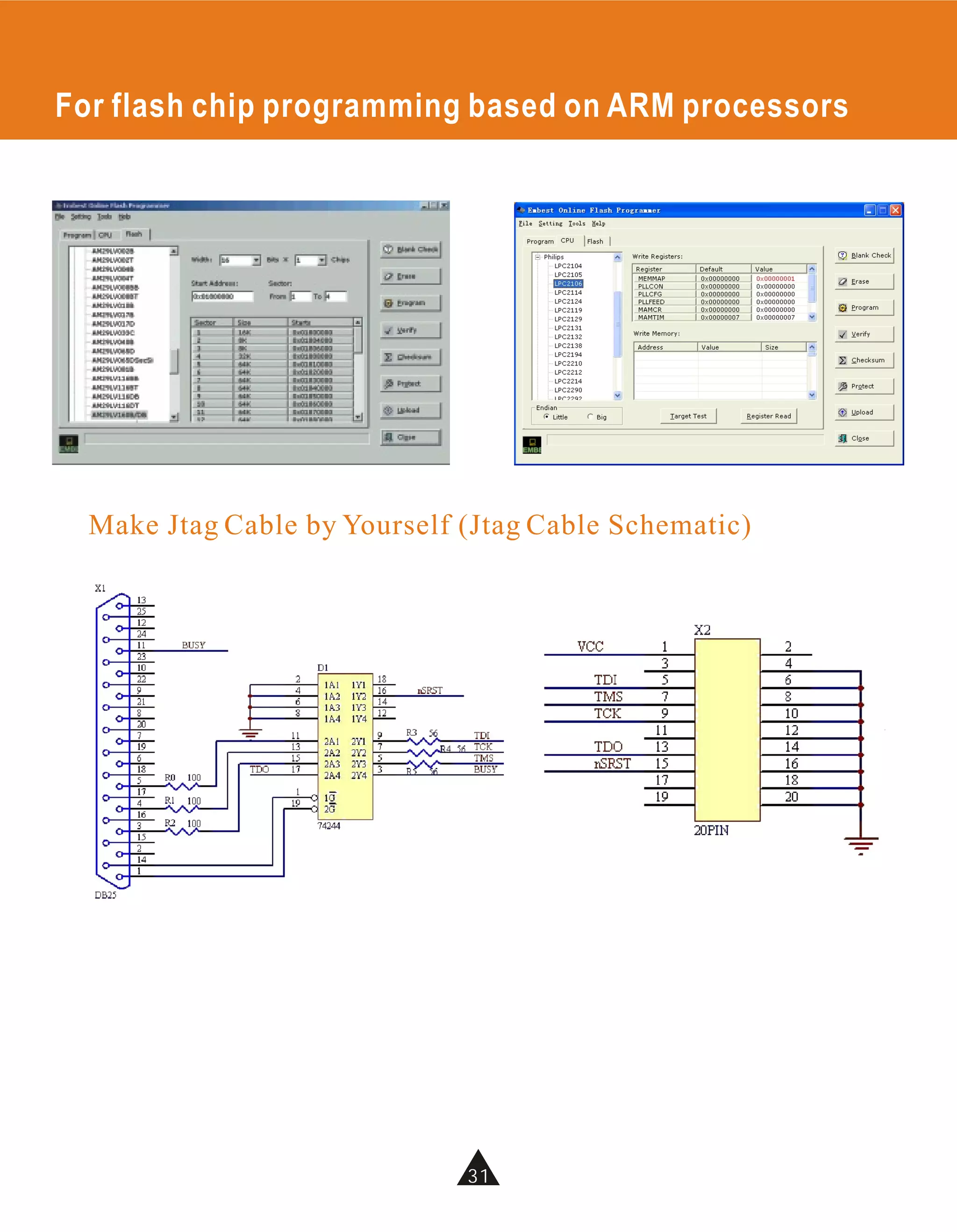 For flash chip programming based on ARM processors




  Make Jtag Cable by Yourself (Jtag Cable Schematic)




                              31
 