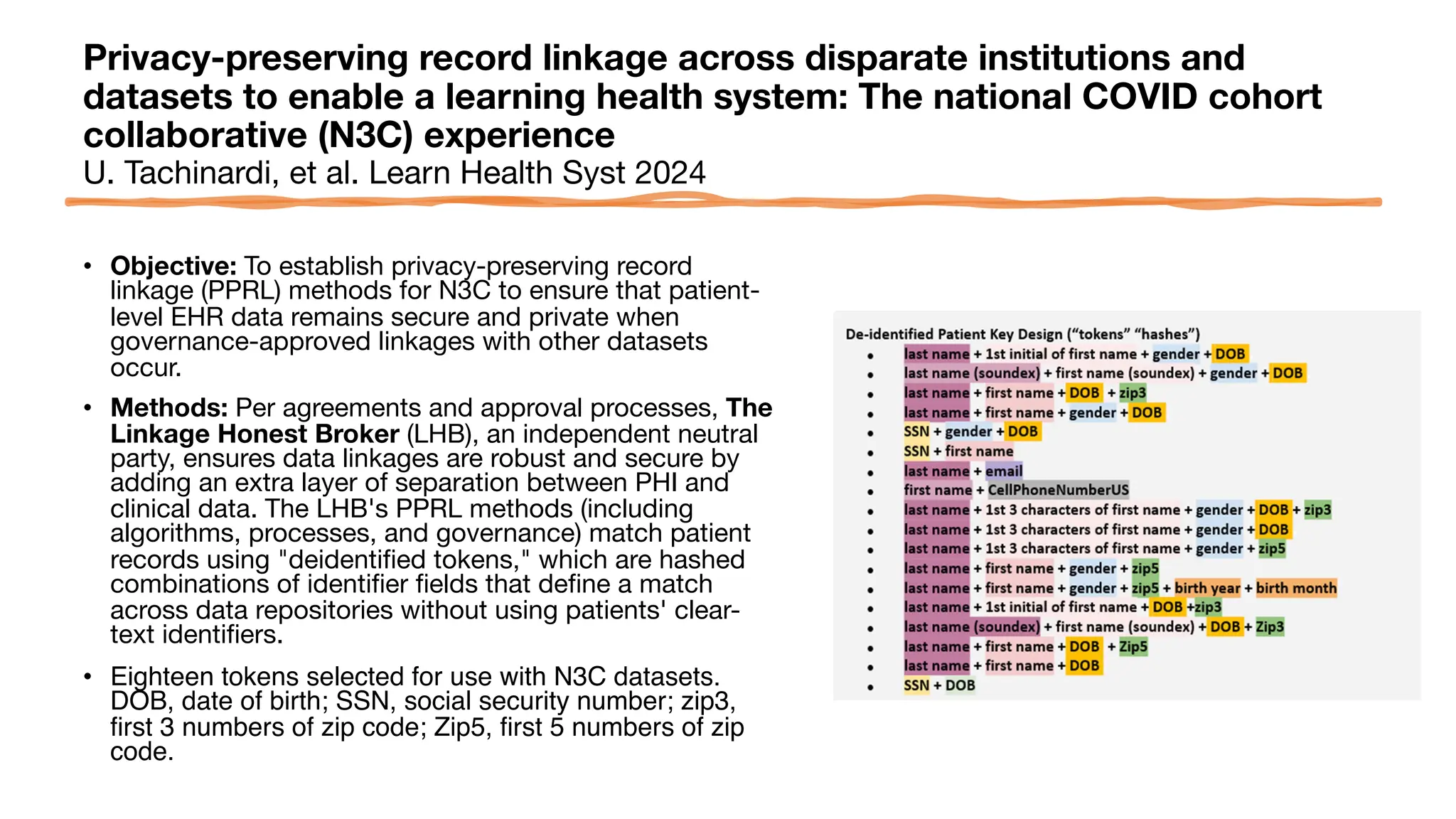Privacy-preserving record linkage across disparate institutions and
datasets to enable a learning health system: The national COVID cohort
collaborative (N3C) experience
U. Tachinardi, et al. Learn Health Syst 2024
• Objective: To establish privacy-preserving record
linkage (PPRL) methods for N3C to ensure that patient-
level EHR data remains secure and private when
governance-approved linkages with other datasets
occur.
• Methods: Per agreements and approval processes, The
Linkage Honest Broker (LHB), an independent neutral
party, ensures data linkages are robust and secure by
adding an extra layer of separation between PHI and
clinical data. The LHB's PPRL methods (including
algorithms, processes, and governance) match patient
records using "deidentified tokens," which are hashed
combinations of identifier fields that define a match
across data repositories without using patients' clear-
text identifiers.
• Eighteen tokens selected for use with N3C datasets.
DOB, date of birth; SSN, social security number; zip3,
first 3 numbers of zip code; Zip5, first 5 numbers of zip
code.
 