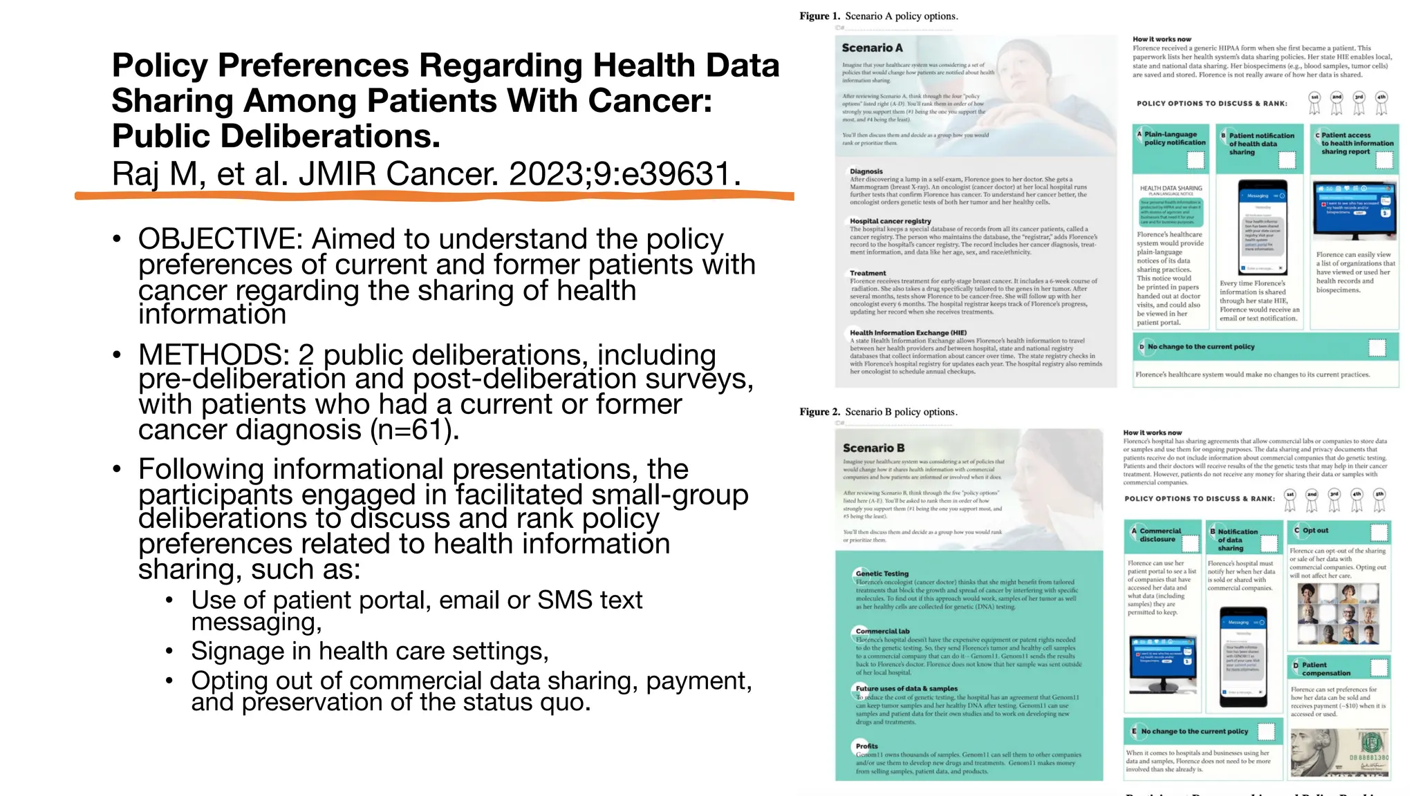 Policy Preferences Regarding Health Data
Sharing Among Patients With Cancer:
Public Deliberations.
Raj M, et al. JMIR Cancer. 2023;9:e39631.
• OBJECTIVE: Aimed to understand the policy
preferences of current and former patients with
cancer regarding the sharing of health
information
• METHODS: 2 public deliberations, including
pre-deliberation and post-deliberation surveys,
with patients who had a current or former
cancer diagnosis (n=61).
• Following informational presentations, the
participants engaged in facilitated small-group
deliberations to discuss and rank policy
preferences related to health information
sharing, such as:
• Use of patient portal, email or SMS text
messaging,
• Signage in health care settings,
• Opting out of commercial data sharing, payment,
and preservation of the status quo.
 