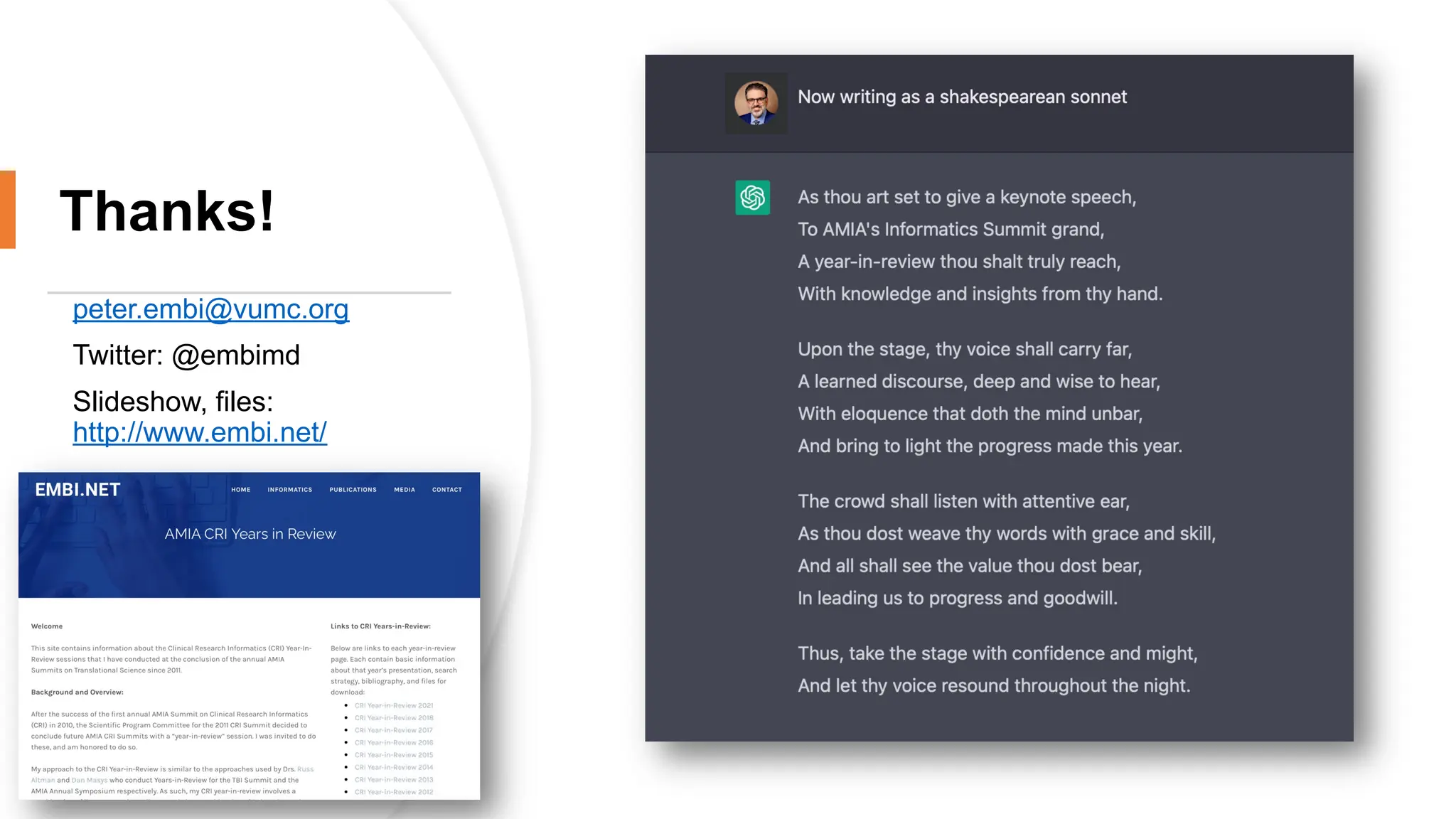 Thanks!
peter.embi@vumc.org
Twitter: @embimd
Slideshow, files:
http://www.embi.net/
 