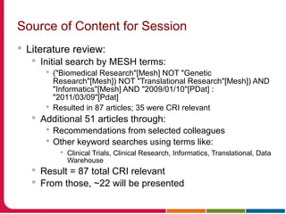 Source of Content for Session
 Literature review:
 Initial search by MESH terms:
 ("Biomedical Research"[Mesh] NOT "Genetic
Research"[Mesh]) NOT "Translational Research"[Mesh]) AND
"Informatics"[Mesh] AND "2009/01/10"[PDat] :
"2011/03/09"[Pdat]
 Resulted in 87 articles; 35 were CRI relevant
 Additional 51 articles through:
 Recommendations from selected colleagues
 Other keyword searches using terms like:
 Clinical Trials, Clinical Research, Informatics, Translational, Data
Warehouse
 Result = 87 total CRI relevant
 From those, ~22 will be presented
 