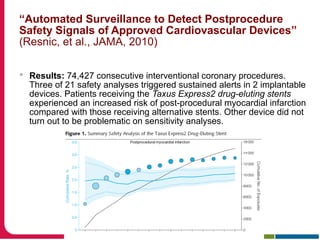 “Automated Surveillance to Detect Postprocedure
Safety Signals of Approved Cardiovascular Devices”
(Resnic, et al., JAMA, 2010)
 Results: 74,427 consecutive interventional coronary procedures.
Three of 21 safety analyses triggered sustained alerts in 2 implantable
devices. Patients receiving the Taxus Express2 drug-eluting stents
experienced an increased risk of post-procedural myocardial infarction
compared with those receiving alternative stents. Other device did not
turn out to be problematic on sensitivity analyses.
 
