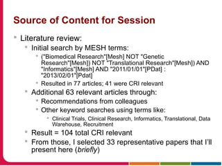 Source of Content for Session
 Literature review:
 Initial search by MESH terms:
 ("Biomedical Research"[Mesh] NOT "Genetic
Research"[Mesh]) NOT "Translational Research"[Mesh]) AND
"Informatics"[Mesh] AND "2011/01/01"[PDat] :
"2013/02/01"[Pdat]
 Resulted in 77 articles; 41 were CRI relevant
 Additional 63 relevant articles through:
 Recommendations from colleagues
 Other keyword searches using terms like:
 Clinical Trials, Clinical Research, Informatics, Translational, Data
Warehouse, Recruitment
 Result = 104 total CRI relevant
 From those, I selected 33 representative papers that I’ll
present here (briefly)
 